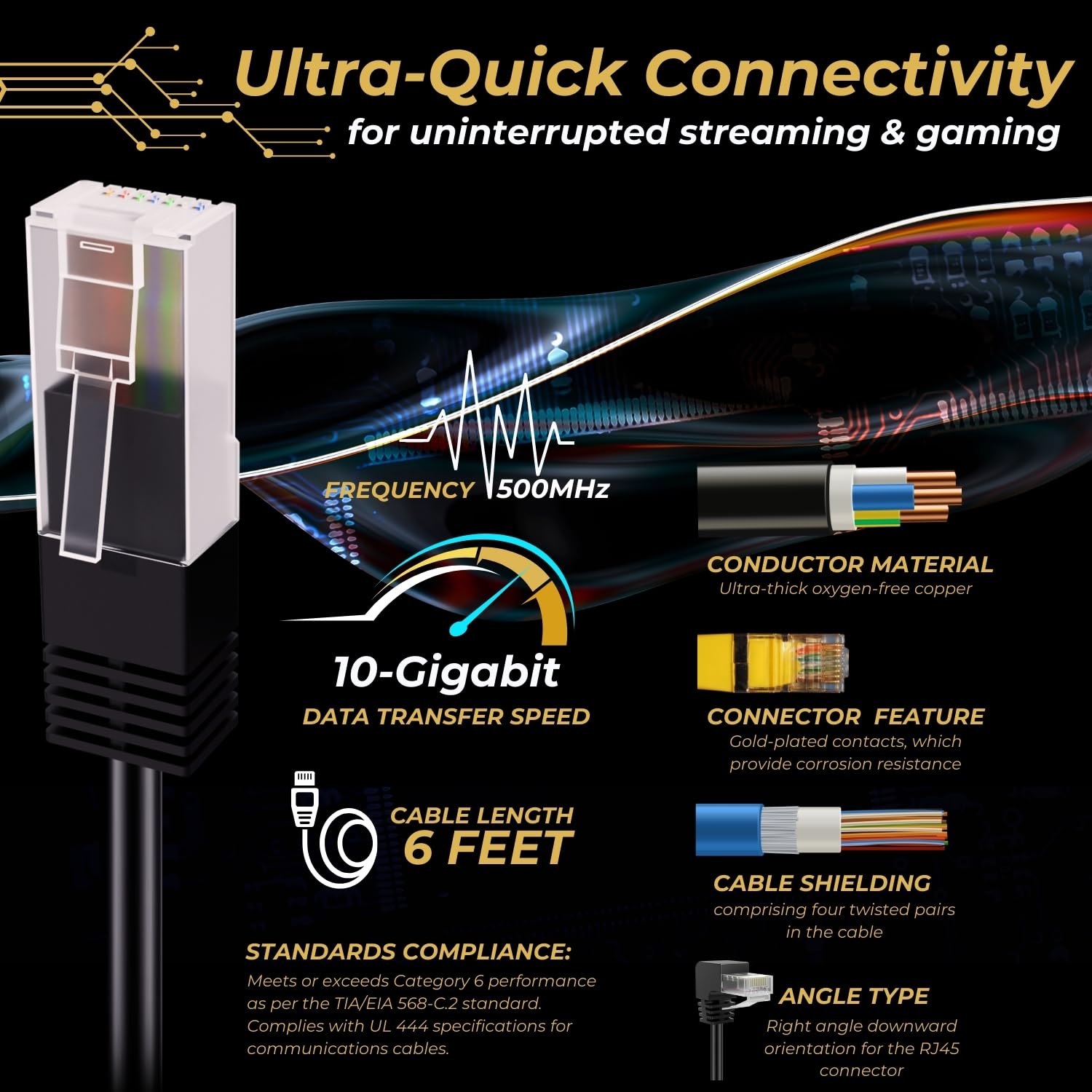 TNP Cat6 Ethernet Cable (Right Angle Up, 6FT) RJ45 90 Degree Network Connector 500 MHz 10 Gigabit Gold Plated Patch Plug Wire LAN Cord for PS4 Fire-Stick Xbox One Smart TV Gaming & Computer, Black