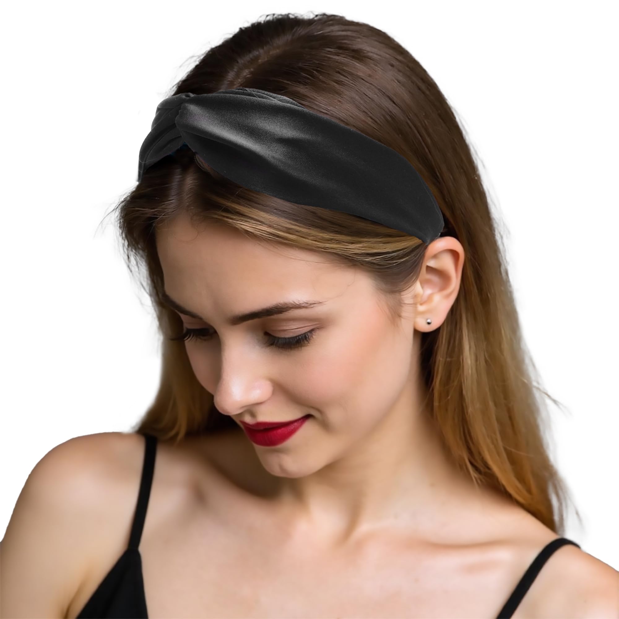 ZLYC Mulberry Silk Headband Elastic Twist Knotted Head Bands for Women's Hair(Solid Black),One Size