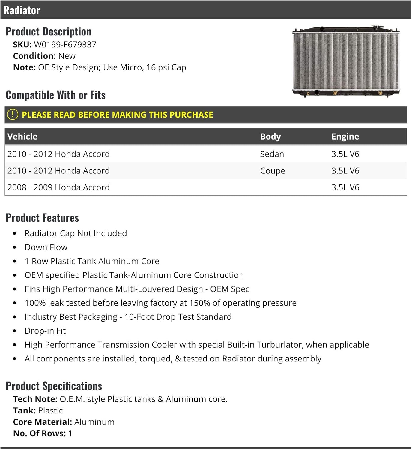 Radiator - Compatible with 2008-2012 Honda Accord 3.5L V6