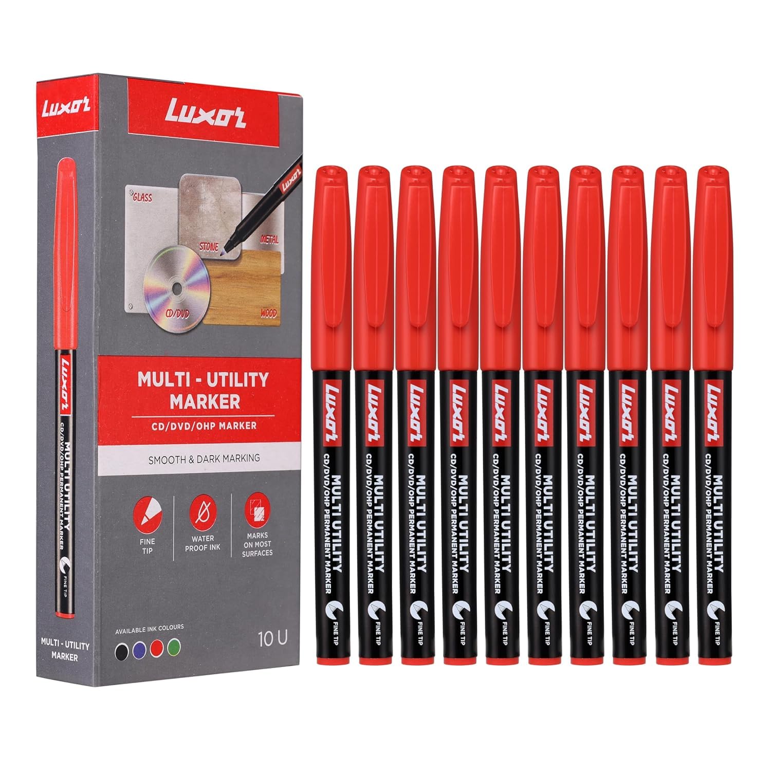 Sign Print Lab Luxor Permanent Marker Pens (Fine Tip, Pack of 10) โ CD/DVD/OHP Surface Markers, Waterproof Ink for Marking, Writing, Drawing, Black Ball Pen (Red)