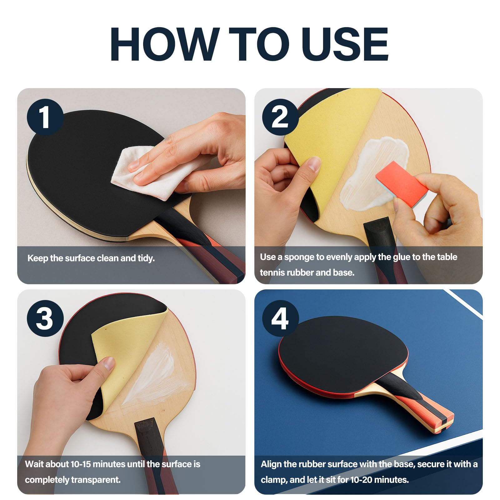 100ml Colle Tennis De Table, Adhésif Conçu pour Le Montage De Revêtements De Tennis De Table avec Éponges Élastiques, Quatre Brosses en Éponge Permettent Un Changement De Revêtement Facile