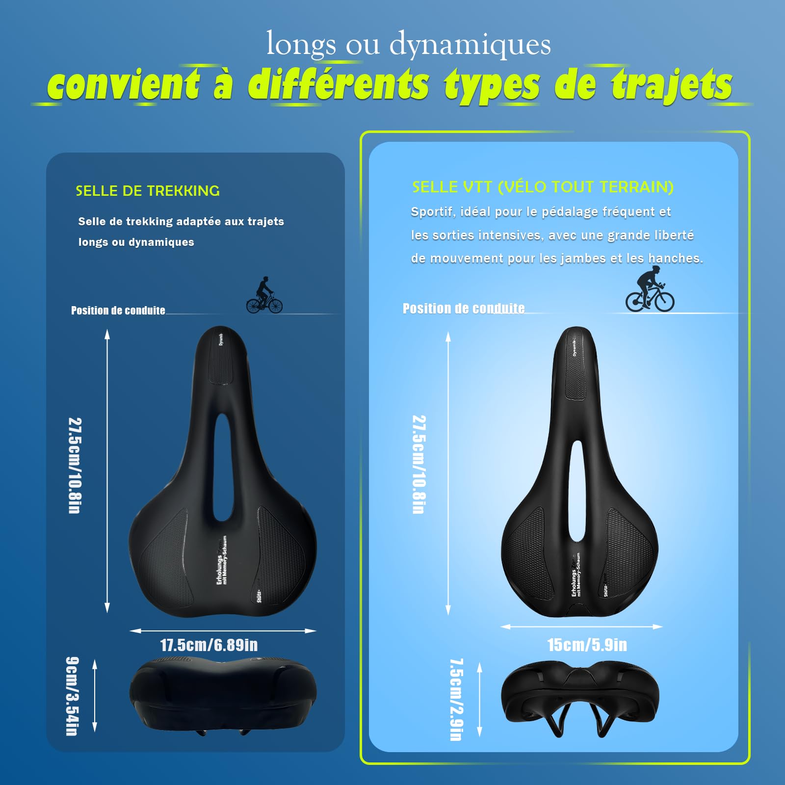 Selle de Vélo Confortable Homme Femme, 2026 Selle VTT Ergonomique avec Mousse à Mémoire de Forme et Répartition Optimisée de la Pression, pour Trekking, VTT, Vélo de Route et Sorties Intensives