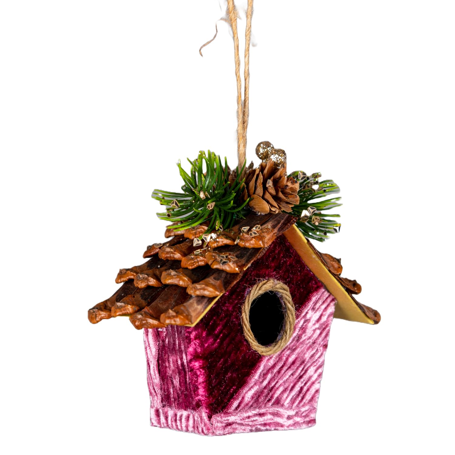Shatchi Birdhouse Pink Burgundy 10X11cm - Christmas Tree Hanging Decorations Festive Decorative Ornaments Fairy Tale Themed Xmas Tree Pendant