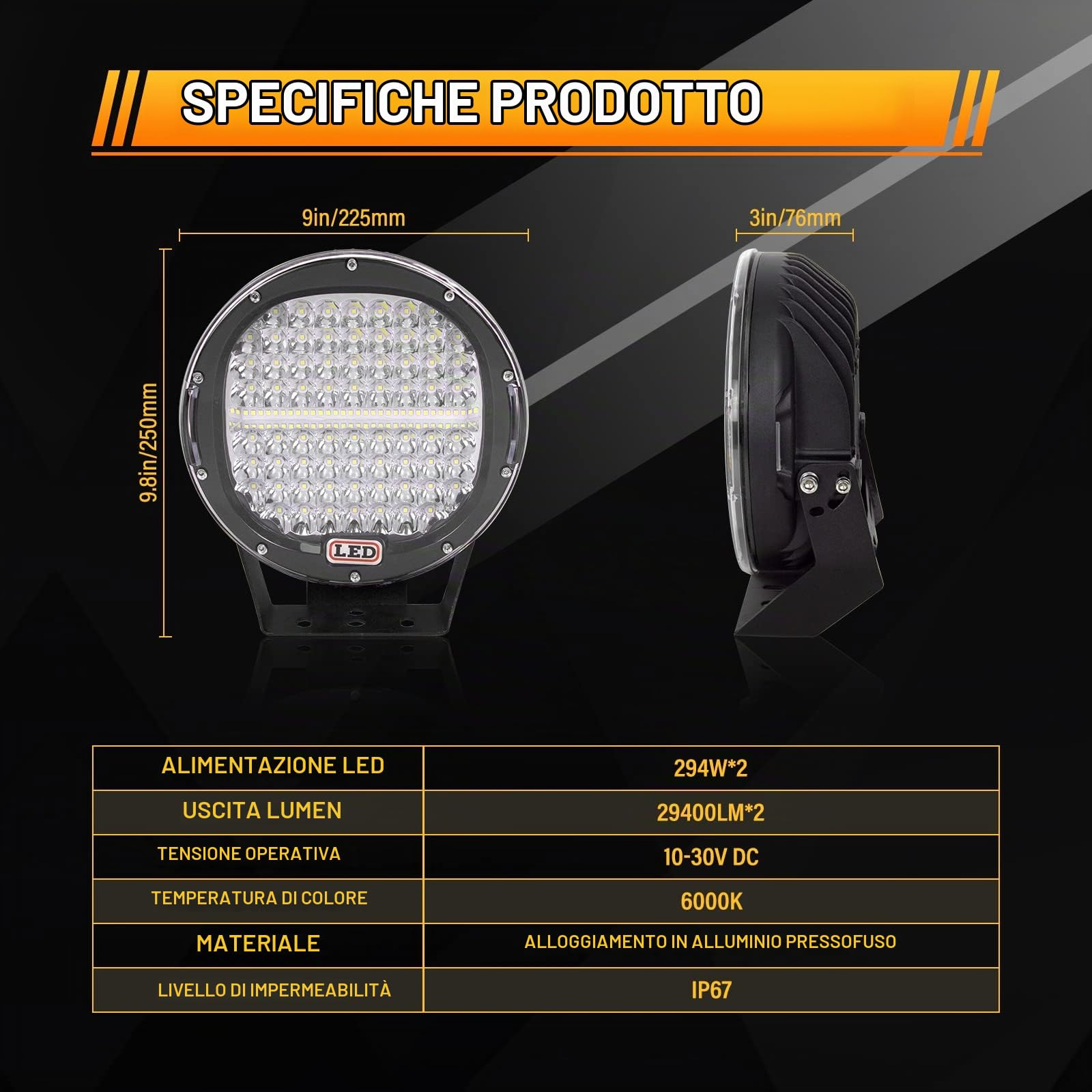 SKYWORLD 2 Pcs Faro da Lavoro Led 12V 24V, 9 Pollici 23cm 294W Nero Rotondo Spot Luci di Lavoro a Led Impermeabile per Fuoristrada Auto Trattore Camion SUV ATV 4x4, 6000K Bianca Faretti Fendinebbia
