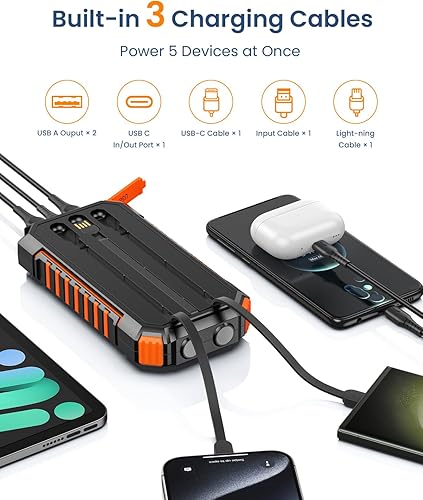 Miniatura 2 de Hiluckey 27000mA Power Bank Cargador solar h Construido en 3 Cables Cinco Salidas 15W Banco de energía de carga rápida para todos los dispositivos