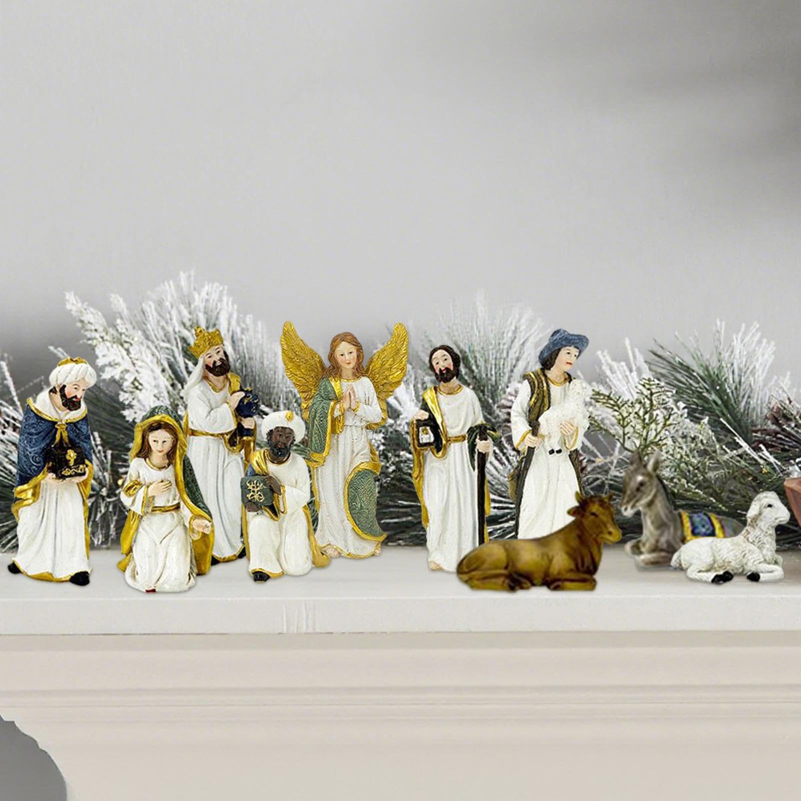 Set di statuette cattoliche cristiane per presepe | Decorazione natalizia per la nascita di Gesù in resina, per famiglie cattoliche, chiesa, casa, tavolo, caminetto, Natale