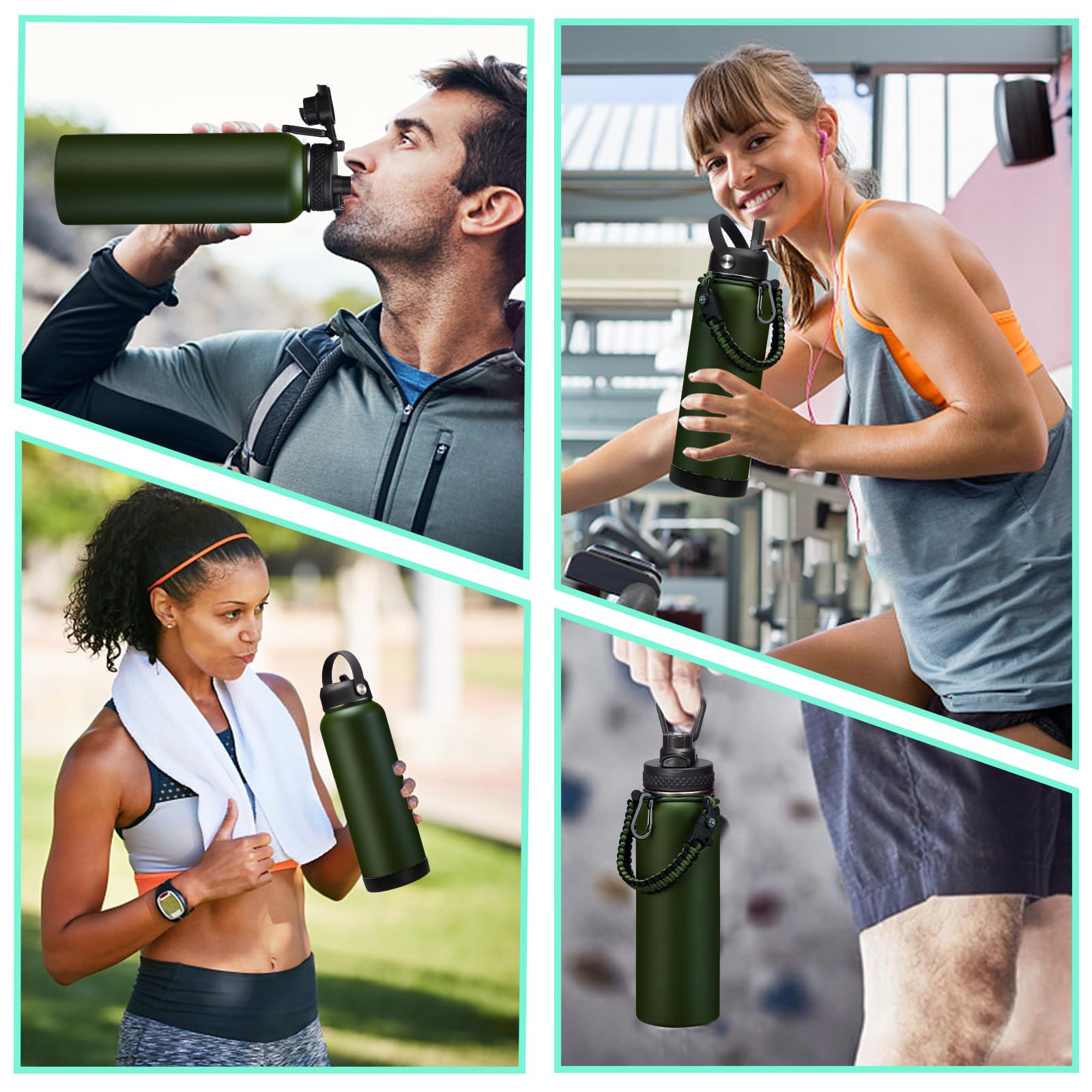 Borraccia termica in acciaio inox da 1180 ml, con isolamento sottovuoto per freddo 48 ore e caldo 24 ore, con cannuccia e coperchio, custodia per il trasporto, manico in paracord e stivale per