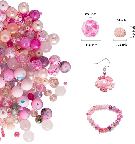 Miniatura 2 de Keip Taoun Cuentas de vidrio rosa para hacer joyas, juego de cuentas de pulsera para niñas, 1000 piezas que incluyen cuentas redondas surtidas de