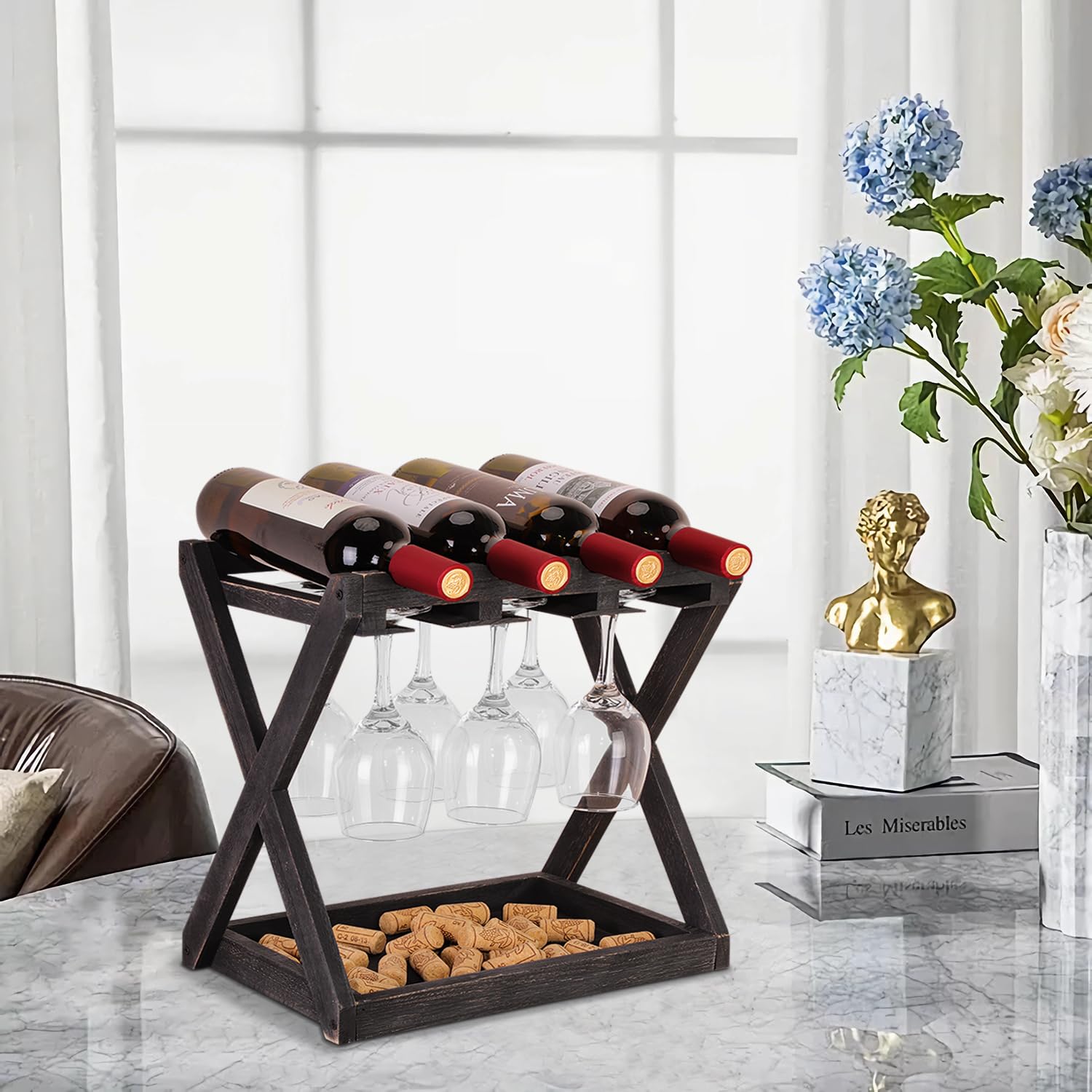 Rustic State Wooden Wine Rack For 3 Bottles & 2 Glasses - Countertop Stemware Holder With Cork Storage