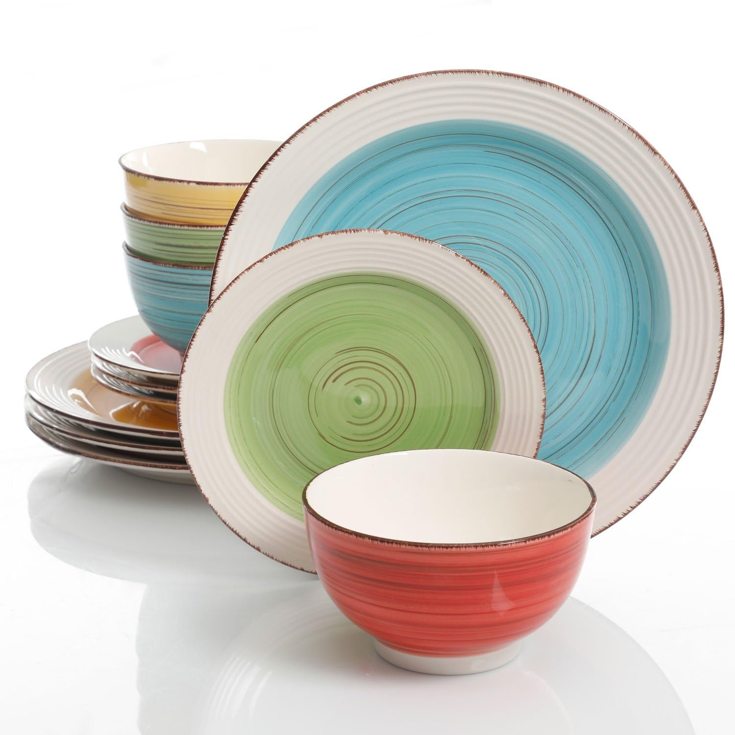 Gibson Home Confetti Band 12 Piece Mix and Match Dinnerware Set, Assorted Colors