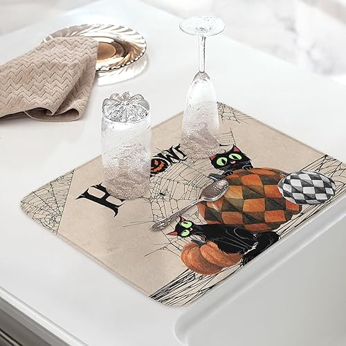Miniatura 5 de Tapete de secado de cocina para mostrador de Halloween, a cuadros, calabaza, gato negro, absorbente, tapete plegable de microfibra escurridor de