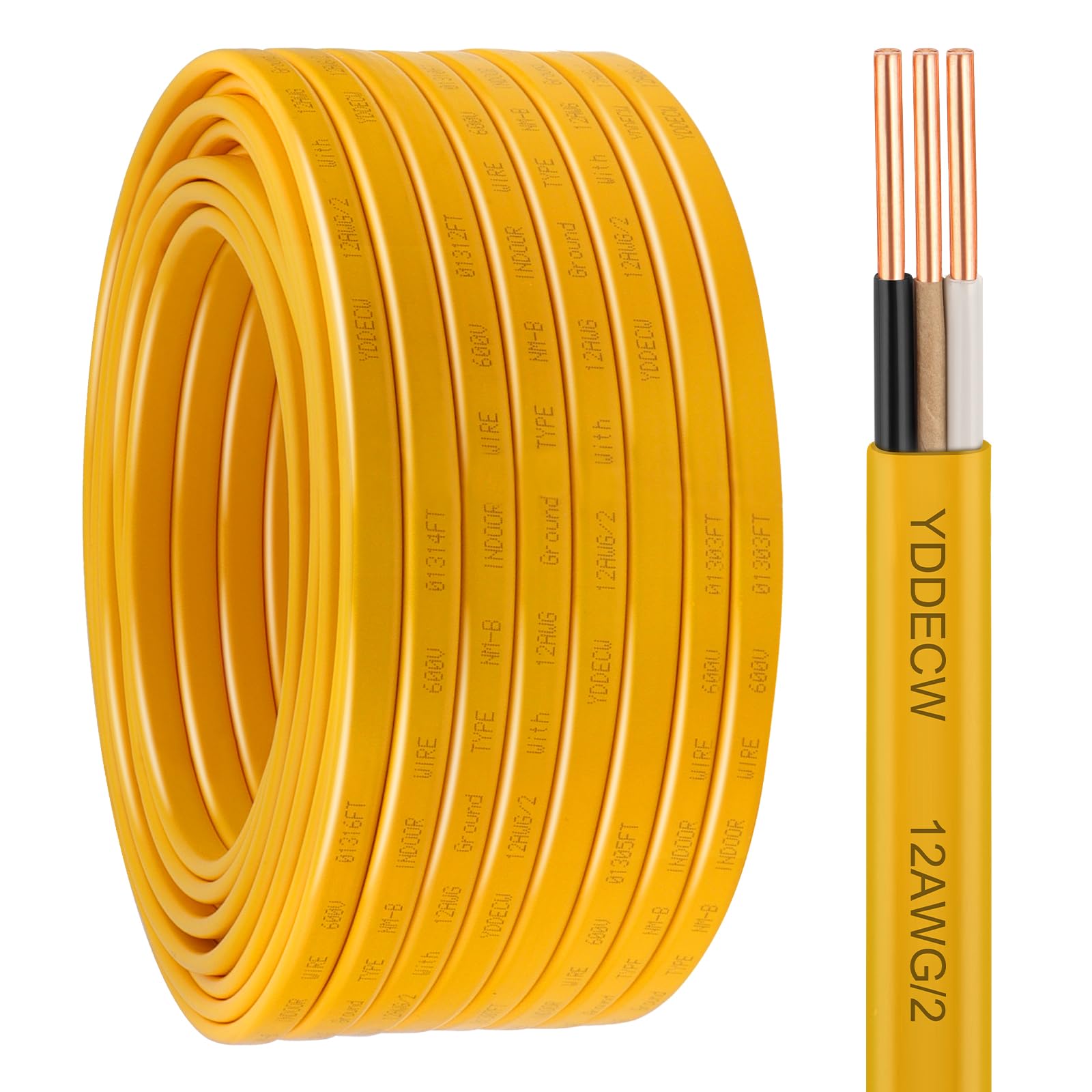 YDDECW 12/2 NM-B Wire with Ground - 100FT 12 Gauge Non-Metallic Sheathed Cable Pure Copper 12 AWG 2 Conductor Residential Indoor Wire for Outlets,