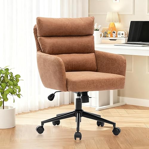 Silla de oficina en casa con ruedas, pequeña y cómoda, silla de oficina de piel sintética, silla de escritorio giratoria ajustable, moderna, de piel