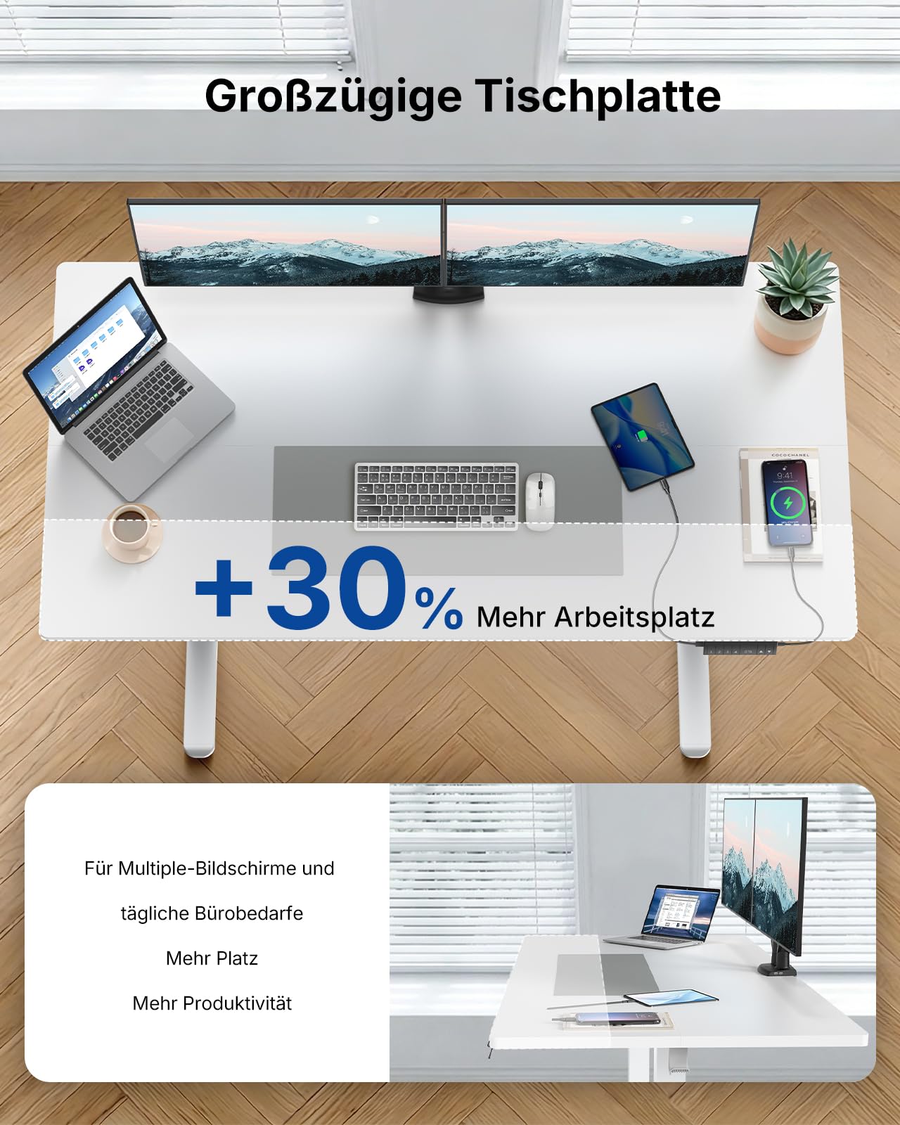 HUANUO Höhenverstellbarer Schreibtisch 120x80cm mit USB-C- & USB-A-Ladeanschluss, Höhenverstellbar von 72-118cm,4 Gedächtnis-Voreinstellungen, Kabelmanagement & Haken