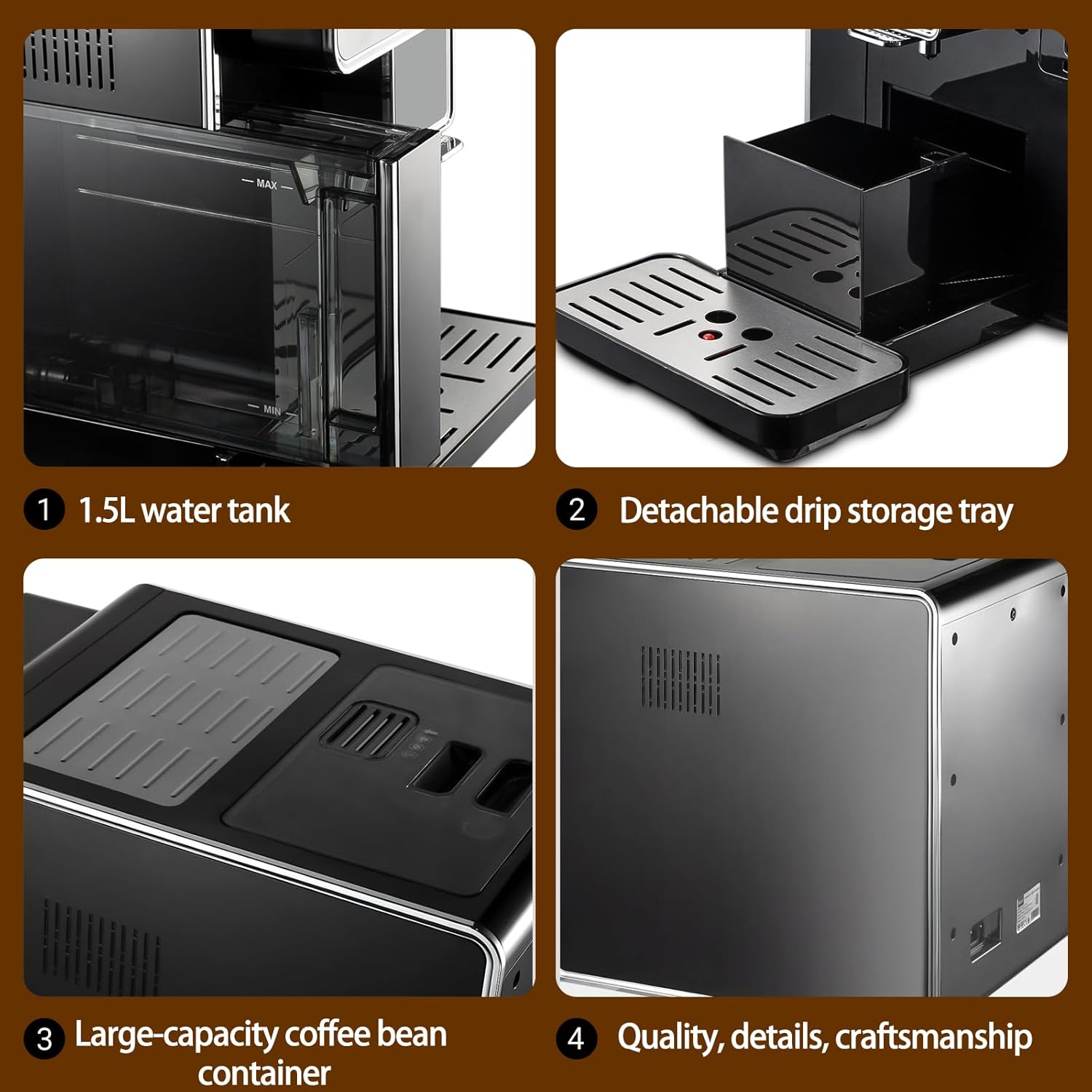 Fully Automatic Espresso Machine with Built-in Grinder, One-Touch for Cappuccino, Latte & Americano, Self-Cleaning Function, for Home, Office & Small Café