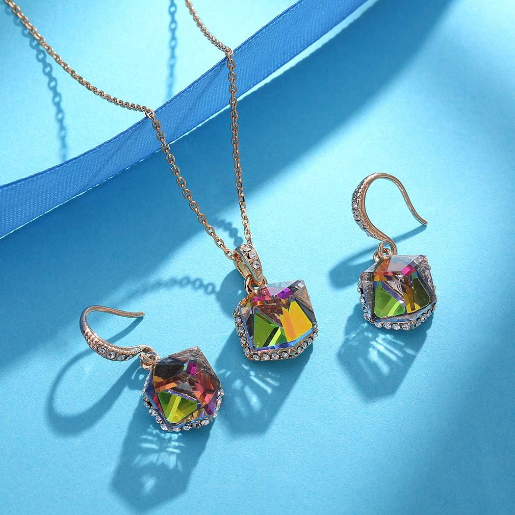 EVEVIC Colorful Cubic Austrian Crystal Pendant Necklace Earrings for Women 14K Gold Plated Hypoallergenic Jewelry Set - Image 3
