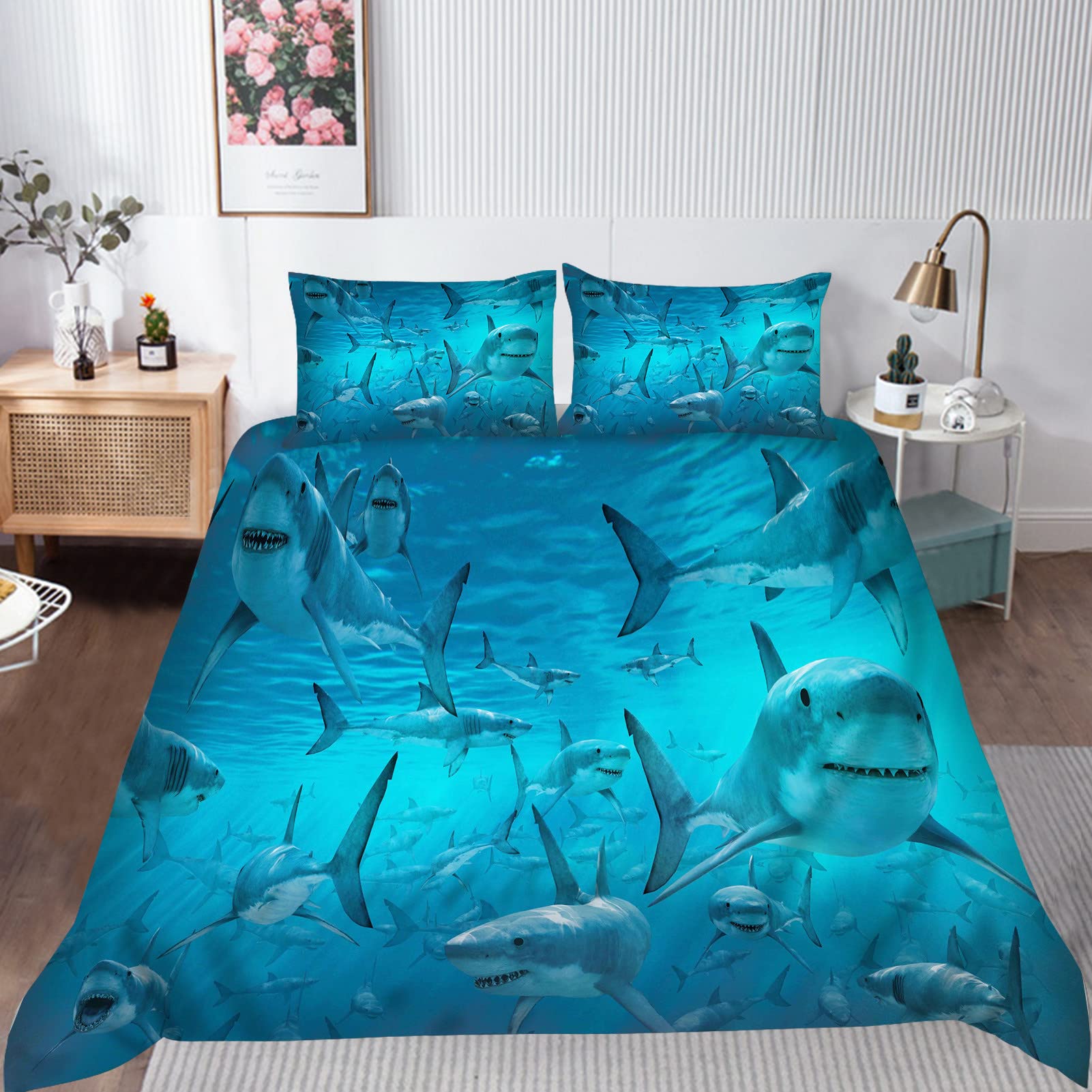 YUANZU Ocean Bedding Set King for Kids Boys Teens Comforter Duvet Cover Set 3 Pieces White Shark Underwater World Printed Soft Microfiber Quilt Cover with Zipper Closure (230 x 220 cm & 2Pillowcase) โ image 1