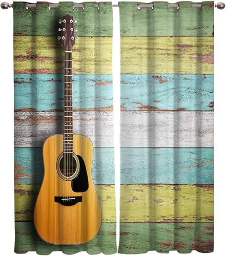 Cortinas opacas con aislamiento térmico, diseño de guitarra, de madera, con ojales de metal sólidos, cortinas elegantes para habitación o sala de