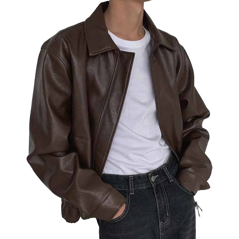 Men's Vintage Stand Collar Leather Jackets Classic Shirt