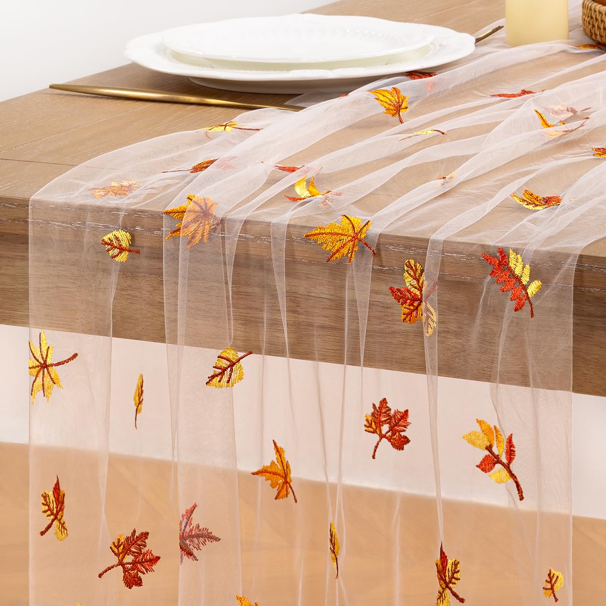 Maple Leaf Embroidery Fall Table Runner White Sheer Tulle Table Runner, 3PC