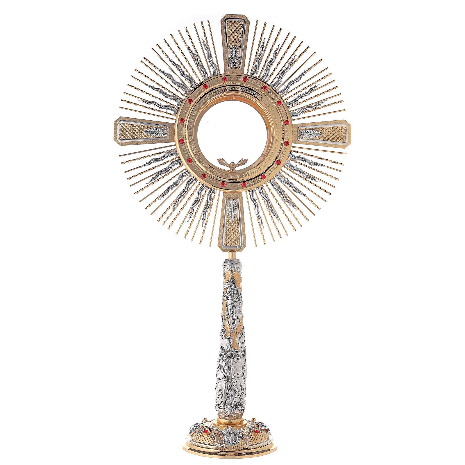 Monstrance in two-tone brass angels with red stones 85 cm