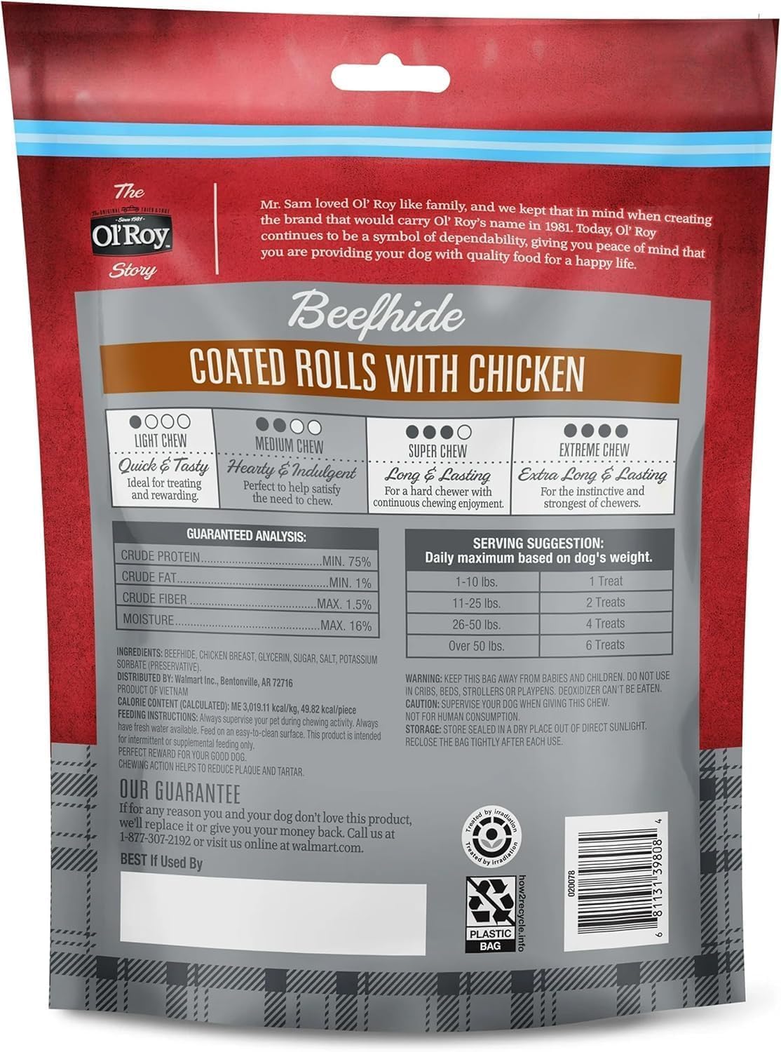 Ol~Roy Beefhide Rolls Coated with Real Chicken, 20.95 oz Bag, 36 Count, Long-Lasting Chew Sticks, Promotes Chewing Habits, for All Dog Breeds, Medium Chew