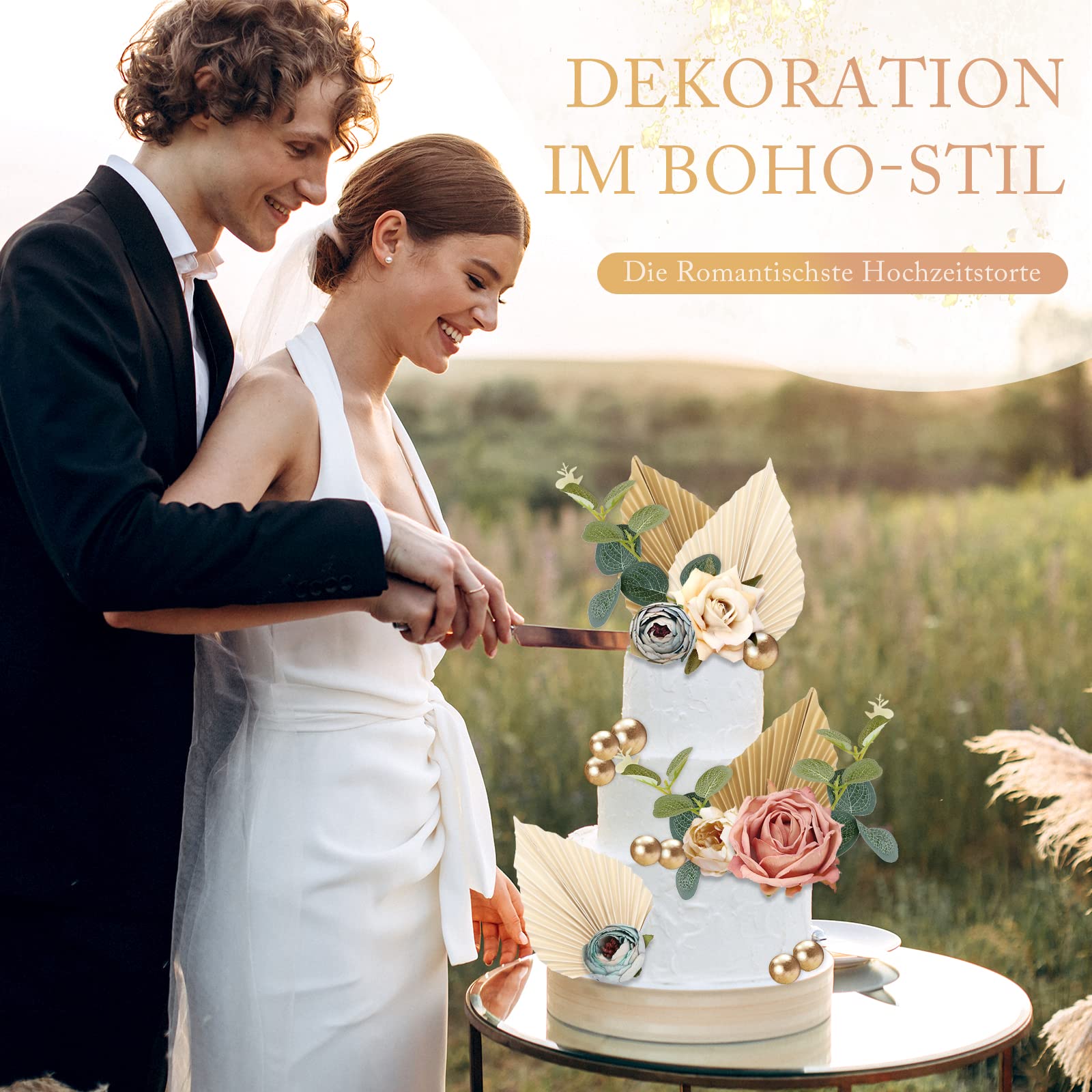 Fiori Commestibili Per Torte Decorazioni Per Torta Boho – 25 Pezzi Con Fiori Artificiali, Foglie Di Palma Dorate, Erbe Essiccate, Per Compleanni, Baby Shower, Matrimoni Decorazioni Per Dolci