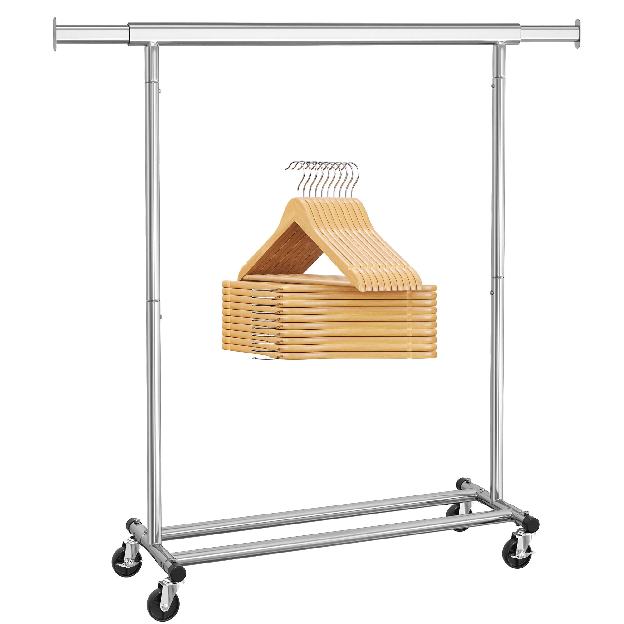 SONGMICS Stand Appendiabiti con Rotelle, Set di 20 Grucce in Legno | Asta Estensibile, Gancio Girevole a 360°, Colore Argento e Naturale