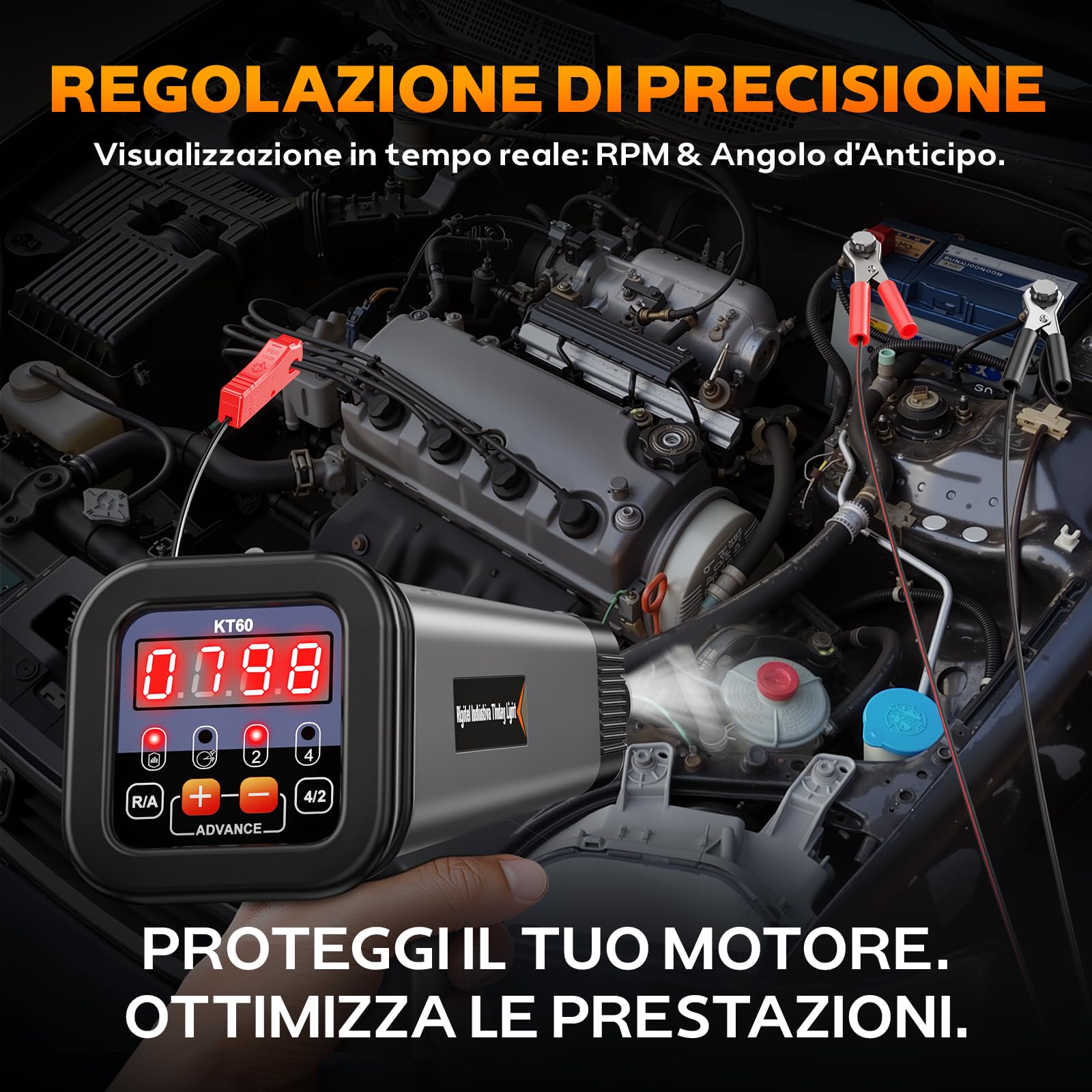 KZYEE KT60 Pistola Stroboscopica 2/4 tempi, Lampada Stroboscopica per Motori 9-16V, Lampada Stroboscopica auto con Display digitale a LED,Pistola d'accensione per auto nave a vapore moto Timing Light