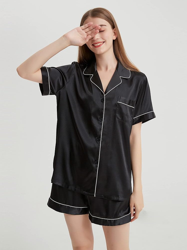 Women's Silk Pajama Set - Short Sleeve Turn-Down Collar Top & Long Pants