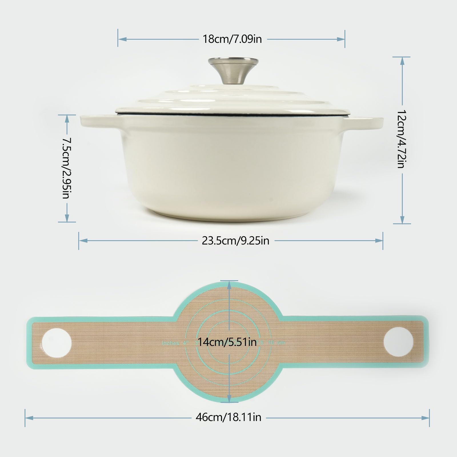 HAWOK Cast Iron Enameled Mini Dutch oven Dia. 18 cm/7 inch 1.5 Quart with Silicone Bread Sling Oyster White