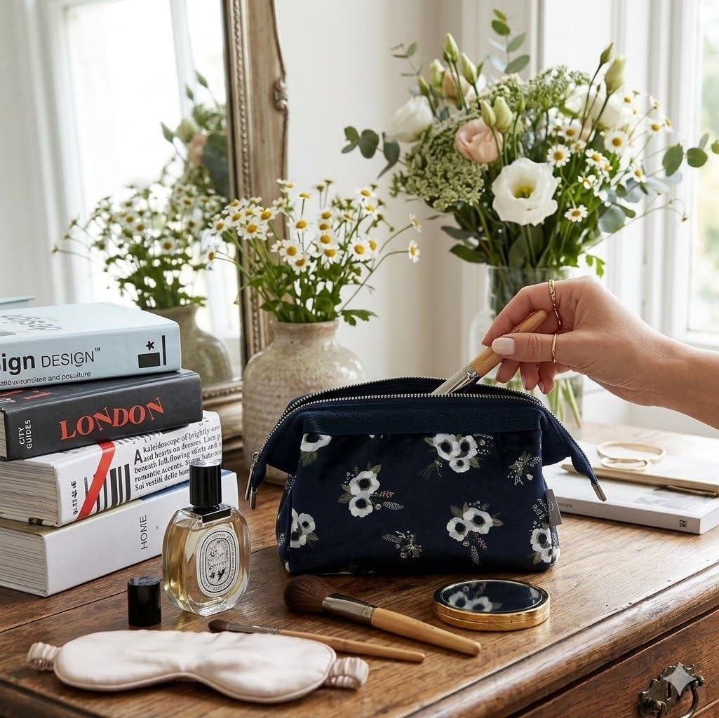 Cosmetic Toiletry Makeup Vanity Shaving Household Grooming Travel Storage Organizer Bags Pouch kit Pack for Men Women Girls Travel -Black Flower TSBF-13-image-47