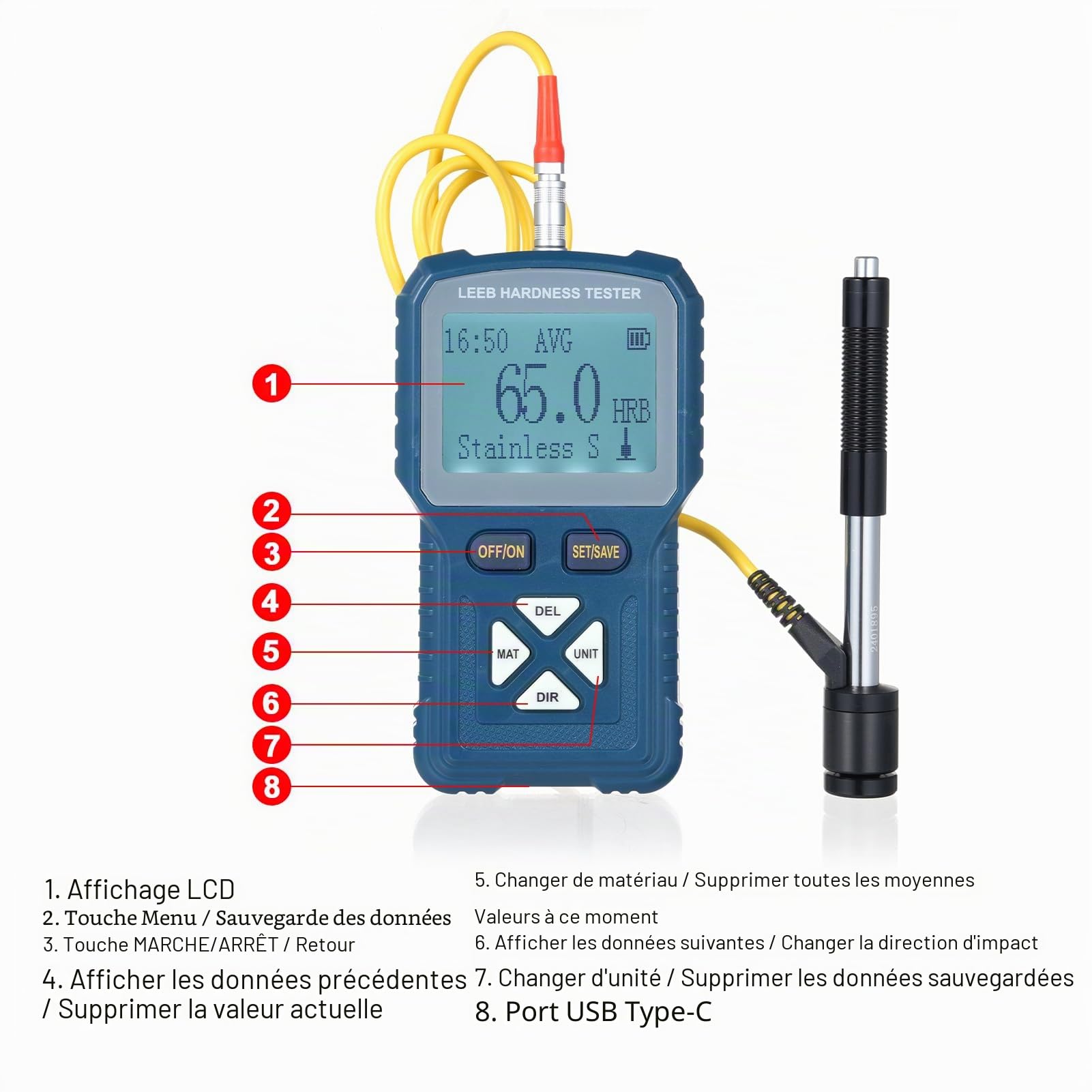 Testeur de dureté Leeb de haute précision pour métaux Duromètre numérique portable 360° HLD HB HV HS HRA HRB HRC de type D