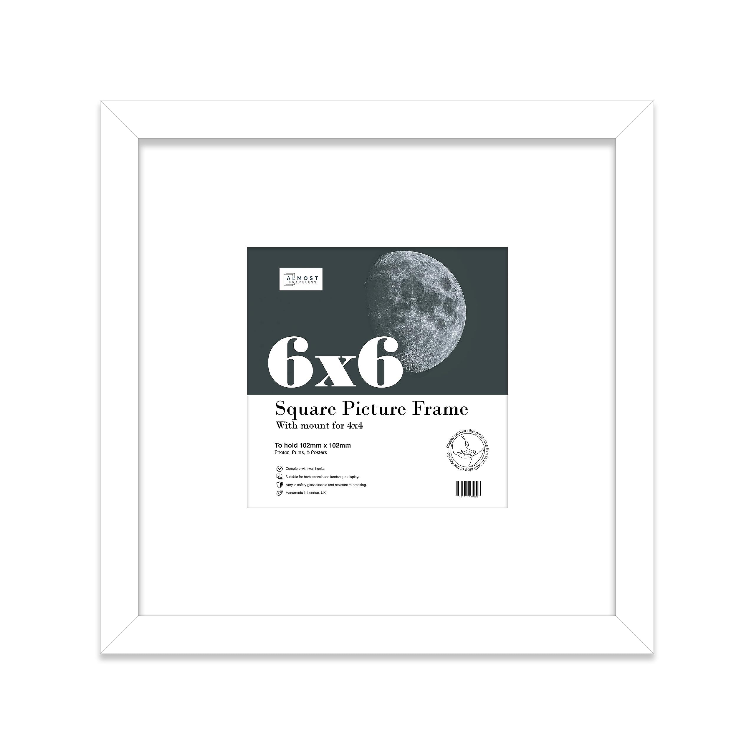 6x6 White Picture Frame with Mount for 4x4 Photos, Prints - Modern Square Wall Frame, 1 Pack