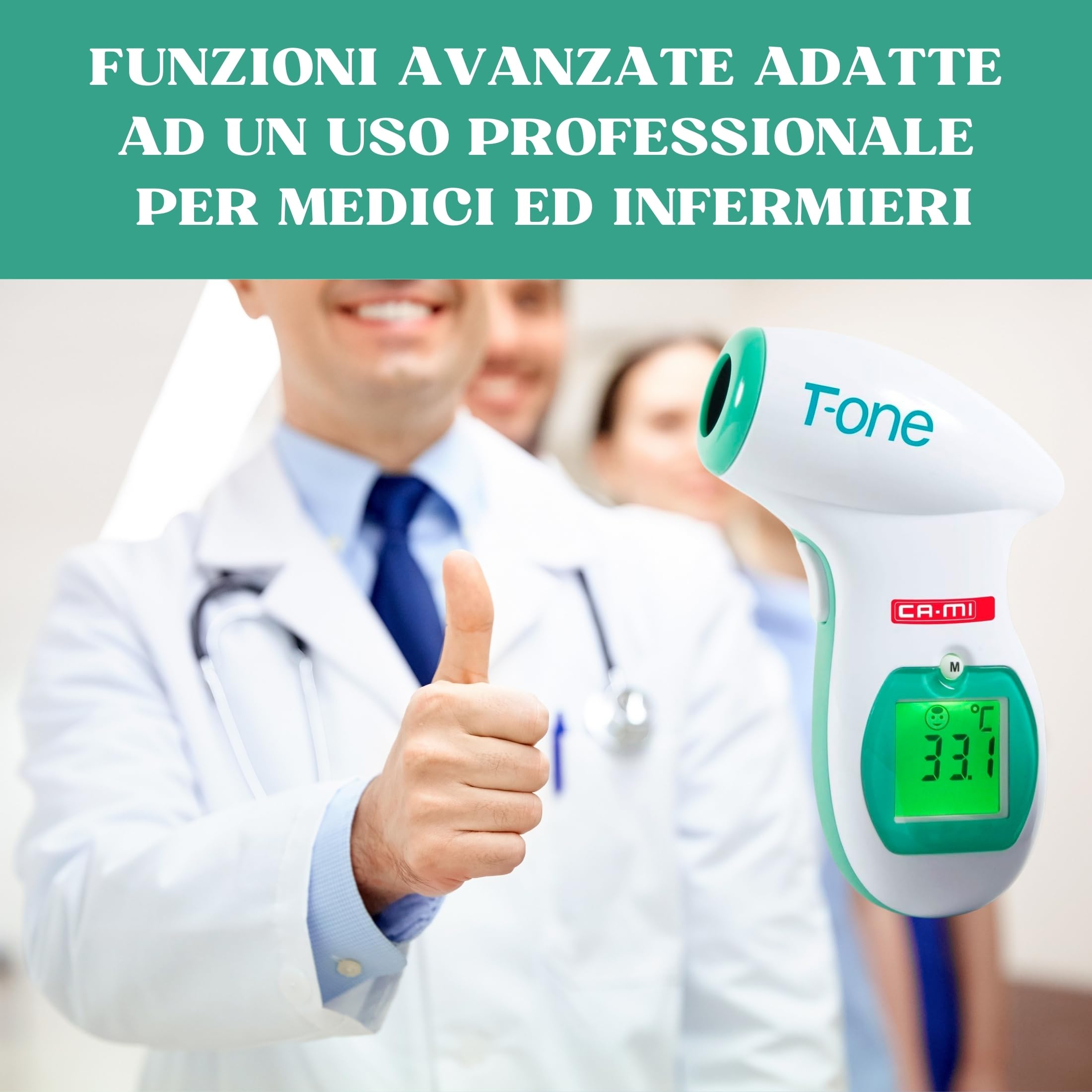 CAMI T-ONE Termometro Febbre Digitale Infrarossi a Distanza - Misuratore Temperatura Laser professionale uso medico-ospedaliero - uso domestico