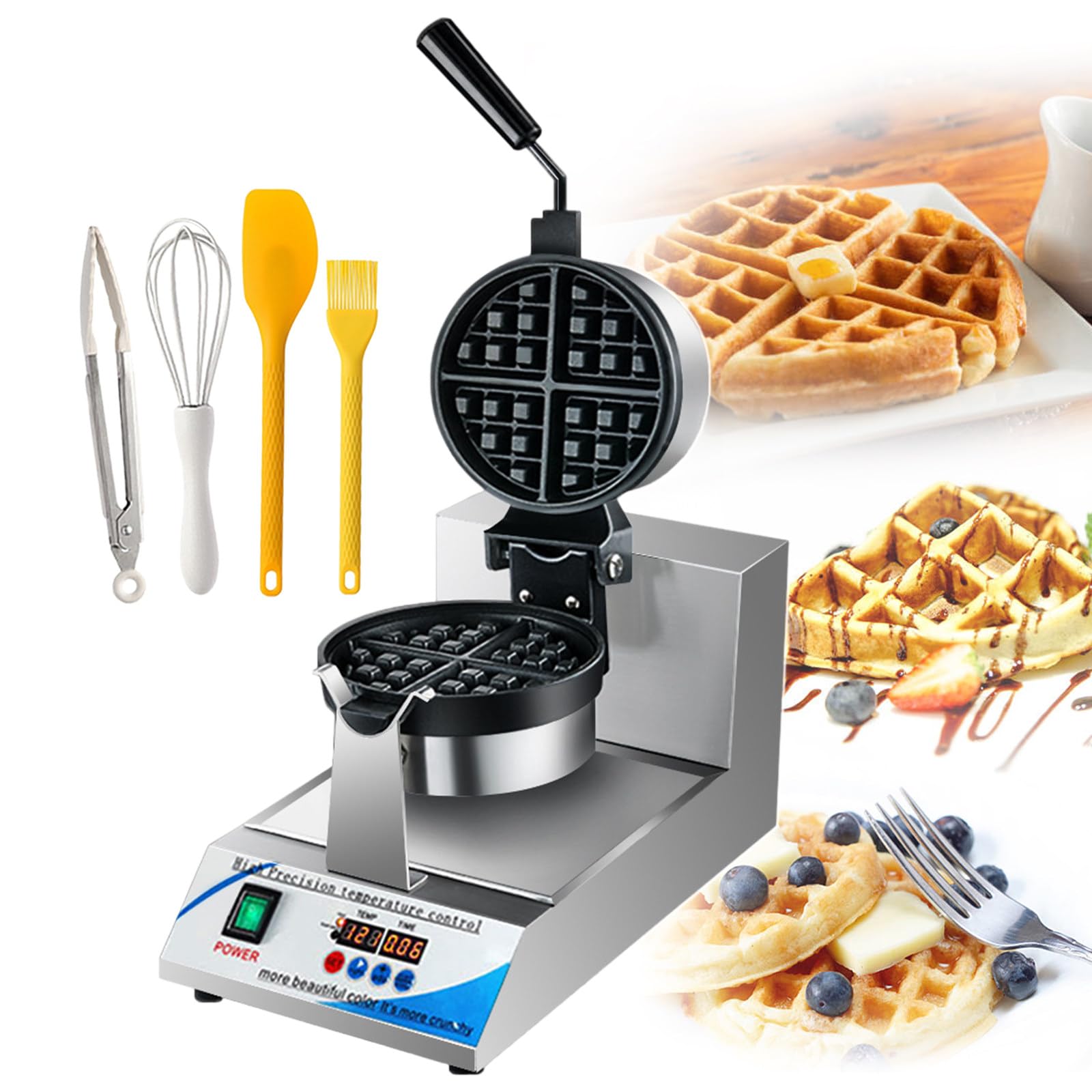 Gofrera Digital Profesional | Gofrera Comercial - 1200 W, Acero Inoxidable, Temporizador De 0 A 9 Minutos, para Cafeterías/Servicios De Desayuno, con Kit De Herramientas para Hornear