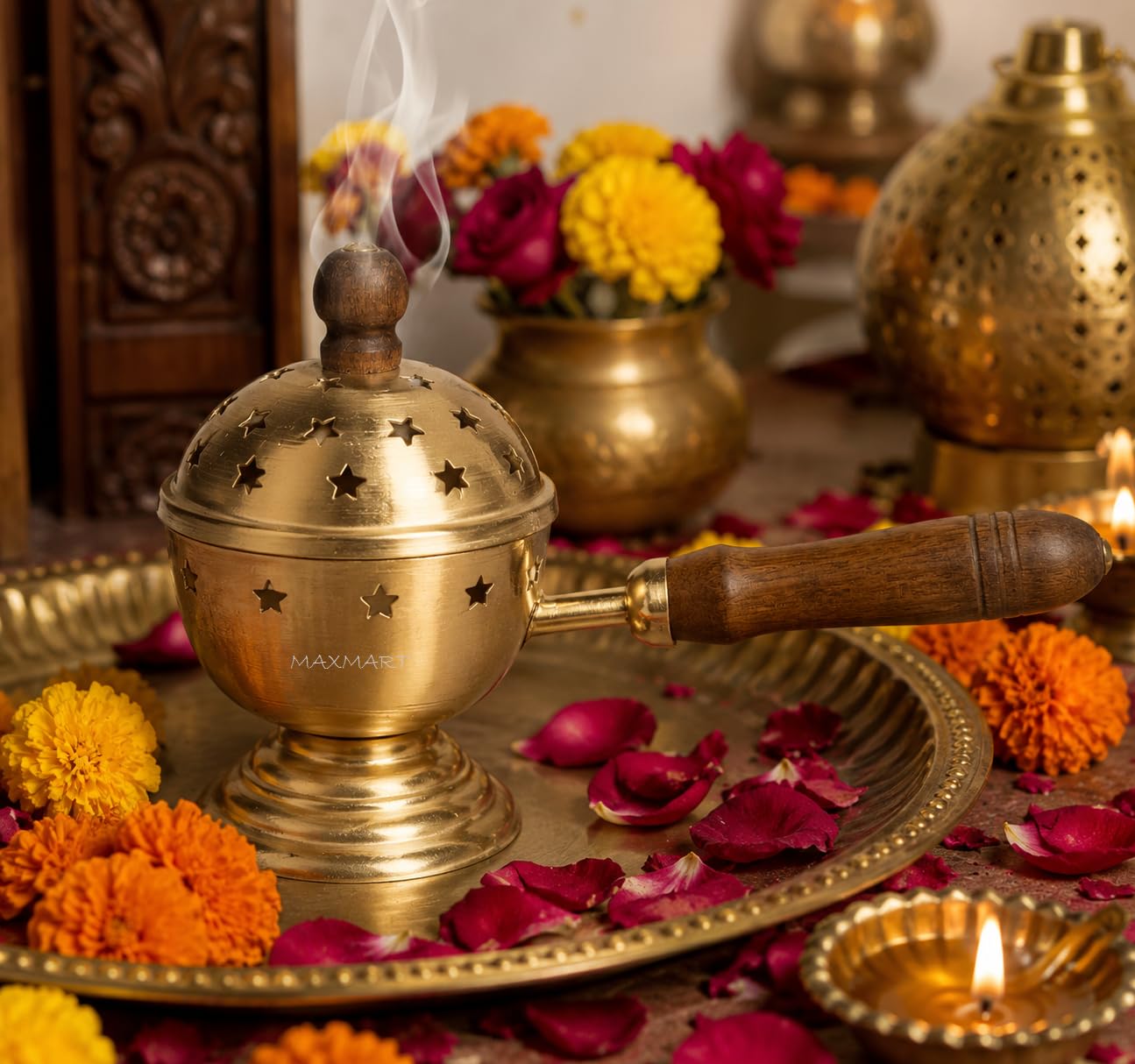 Premium Metal Dhoop Dani with Wooden Handle | Brass Finish Incense Burner with Lid | Charcoal Holder for Dhoop, Sambrani, Camphor | Pooja & Home Fragrance Burner (Golden)-image-34