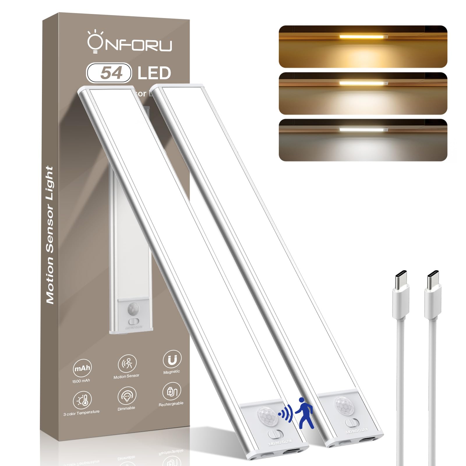 2-Pack USB Rechargeable Motion Sensor Night Lights - Magnetic, Dimmable, 3 Colors (Walnut)