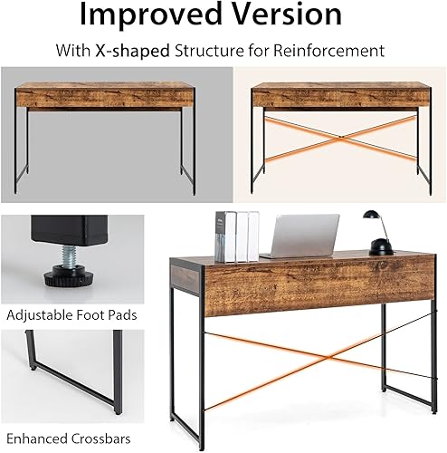 Miniatura 6 de Tangkula Escritorio industrial para computadora con 2 cajones, escritorio de estudio simple con cajones, estación de trabajo para computadora Marrón