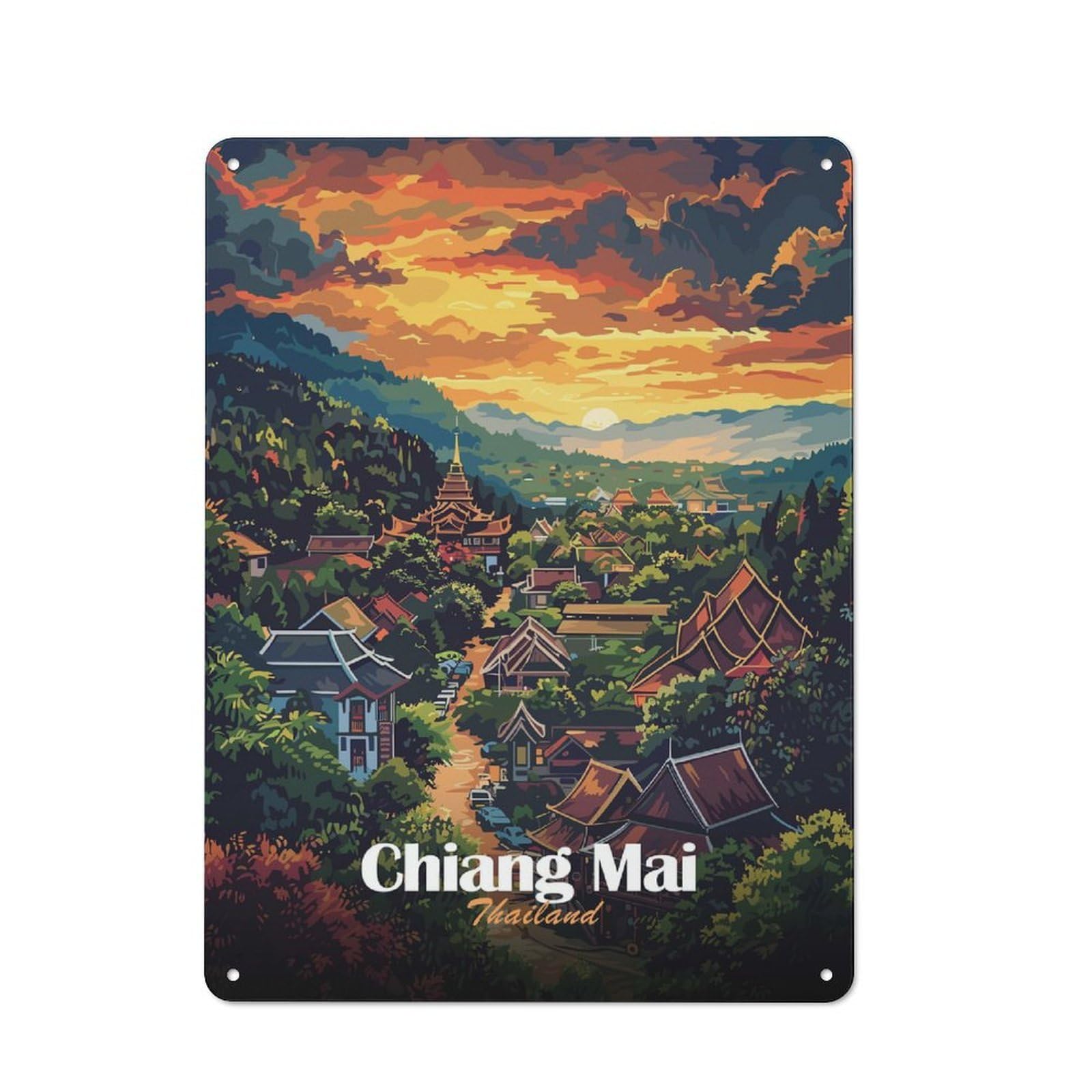 Junmoney Chiang Mai Thailand Landscape Art Old Fashioned Retro Metal Sign 40X30cm Featuring Vintage Wall Decor For Kitchen, Hallway, Bar Or Small Cafe
