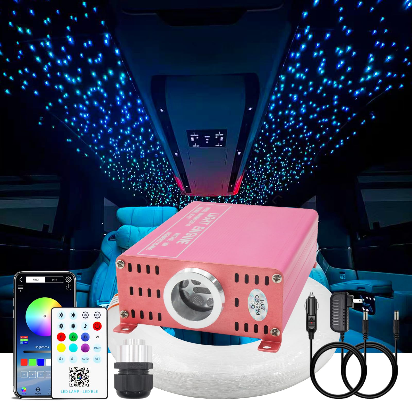 Diadcely 16W Starlight Headliner Kit RGBW Twinkle + Music Effect + APP 450pcs 9.8ft/3m(0.03+0.04+0.06in) Fiber Optic Lights,Starlights for Car/Home Decoration/Exhibition/Bar Fiber Optic Star Ceiling