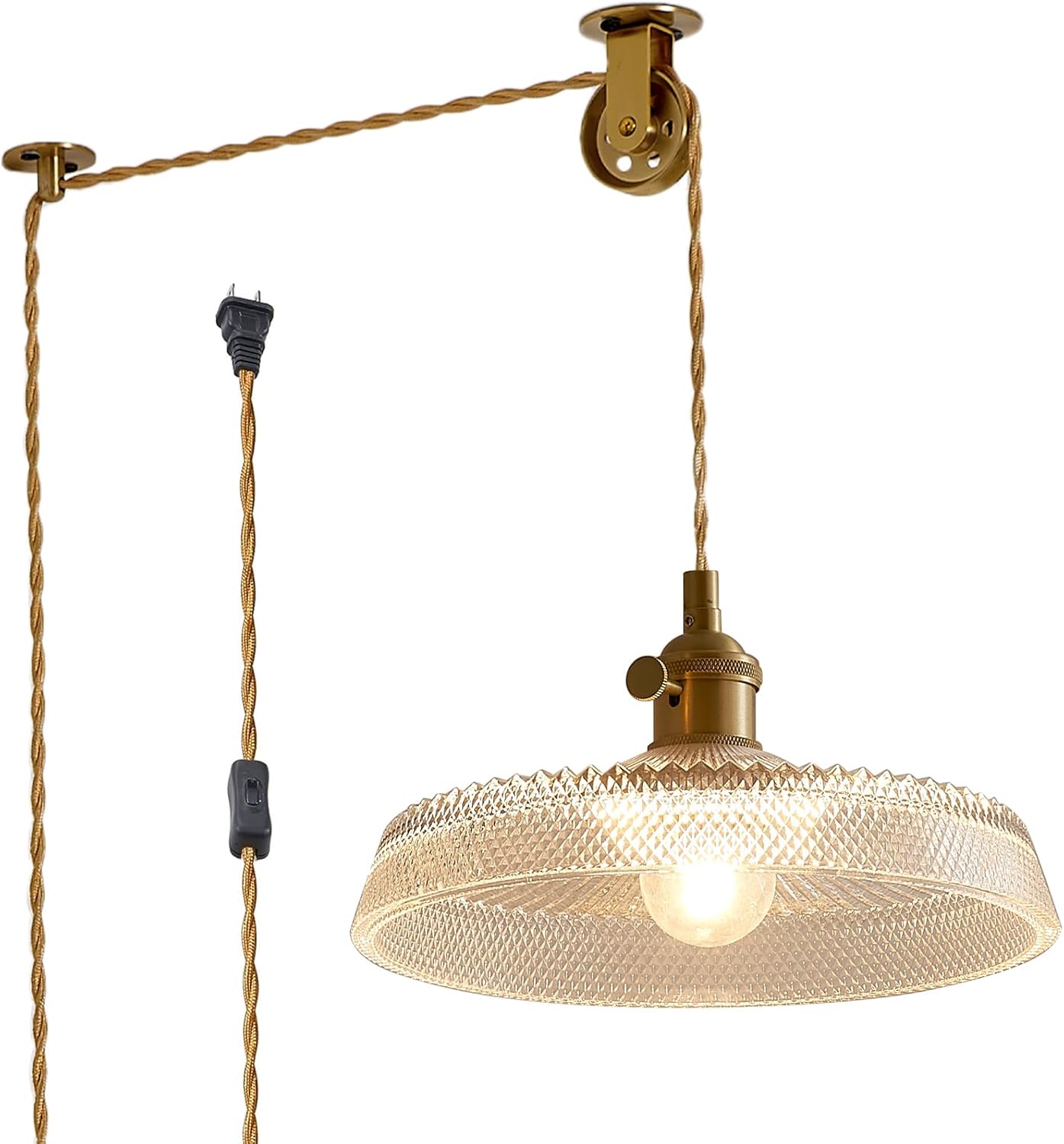 Plug in Pendant Light,9.1 Inch Glass Lampshade Hanging Lights with Plug in Cord Two Ways Switches Industrial Pendant Lights with Plug in Cord for Bedroom