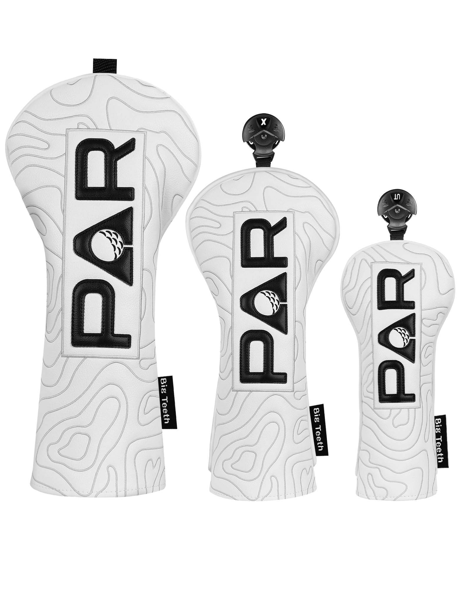 Golf Club Head covers Wood Set 3 PACKS 1FH DR FW UT for Driver Fairway Hybrid with No.Tag Elastic Closure White PU Leather Black PAR Pattern — image 1