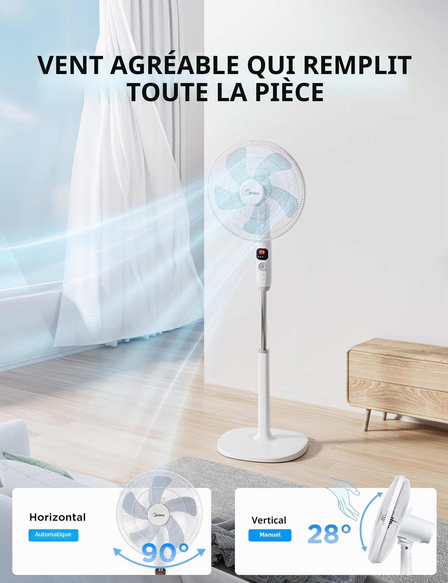Midea Ventilateur Ultra Silencieux 27 dB avec Télécommande,FS40-16CR