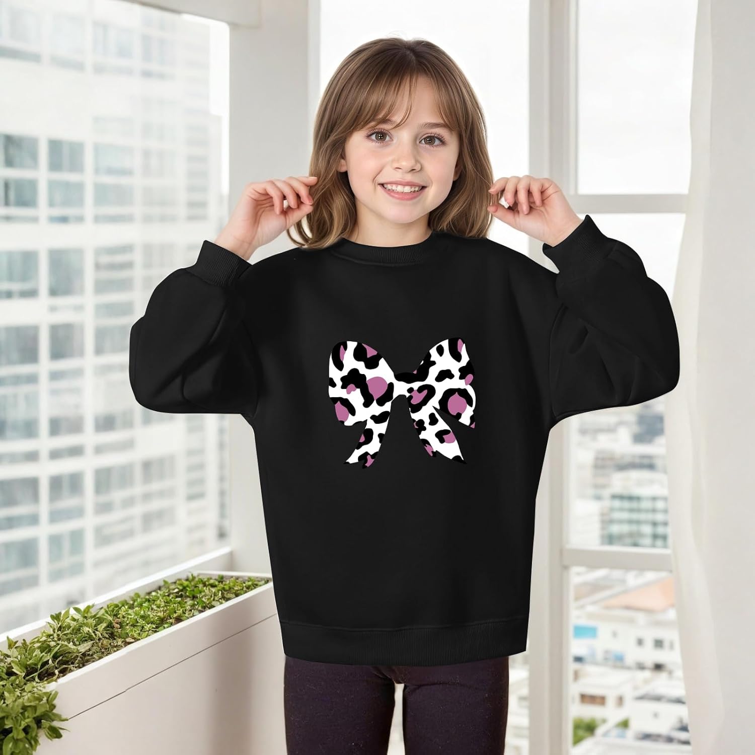 Girls Bow Sweatshirt Cute Graphic Kids Sweatshirts Long Sleeve Shirts Crewneck Pullover Top - Image 5