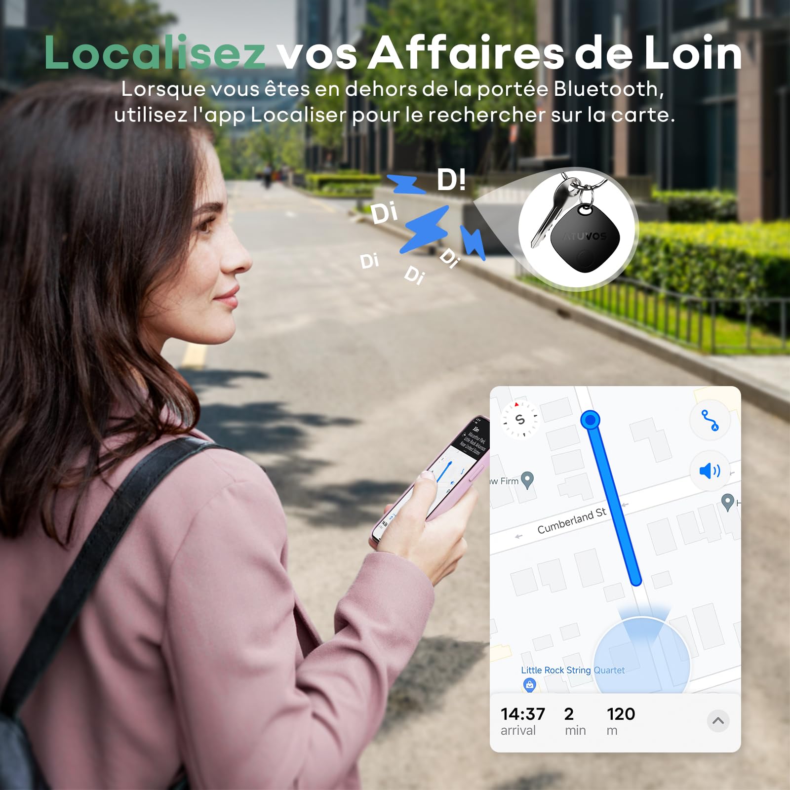 ATUVOS Air Tag Traceur Lot de 4, Fonctionne avec l’app Localiser Apple (Uniquement iOS), Localisateurs D’Objets Bluetooth pour Valises/Portefeuilles/Clés/Sacs/Bagages, Batterie Remplaçable, Noir