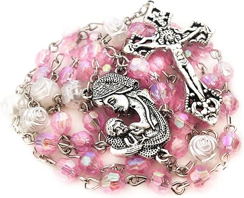 Miniatura 4 de Juego de rosario y rosario de corte de cristal rosa madre María, rosario católico, rosarios católicos para mujer, regalos católicos para mujer,
