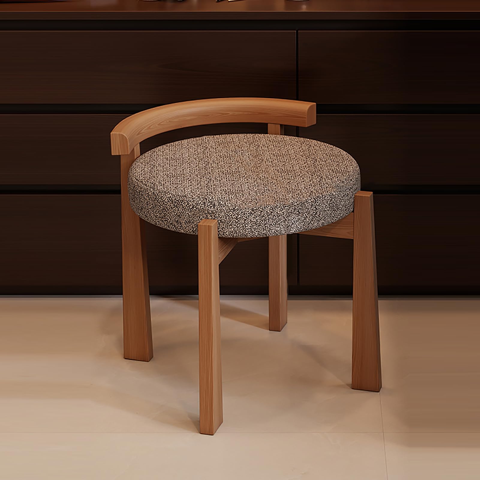 Silla de tocador de diseño elegante con acabado borreguito y soporte lumbar de madera