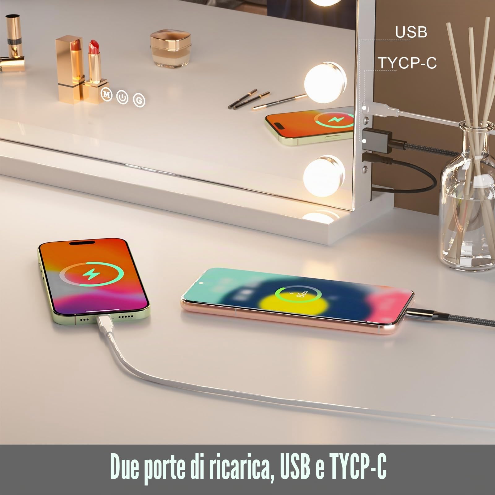 Royhom Specchio Trucco Con Luci, Hollywood specchio con luci 50 x 40 cm, 14 lampadine LED - specchio illuminato per vanity con montaggio murale e tavolo