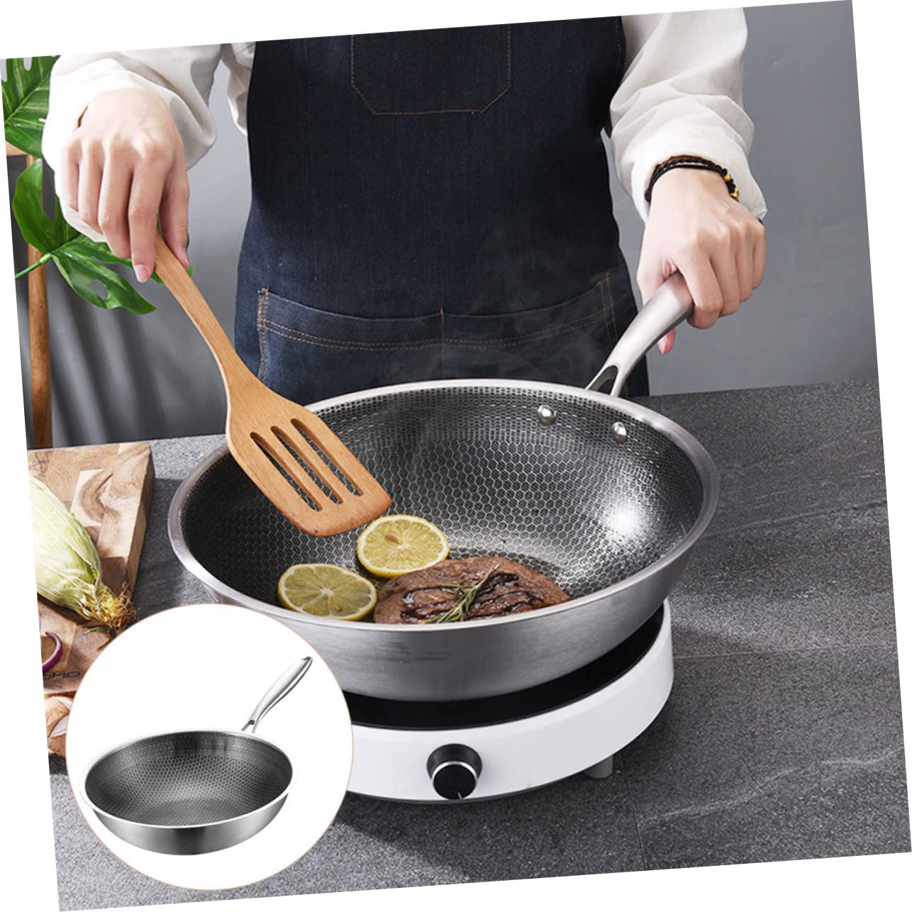 Zerodeko Wok Ménager en Acier Inoxydable Design Épaissi et Revêtement Texturé Antirayures, Poêle pour Cuisinière Électrique la Cuisine Quotidienne